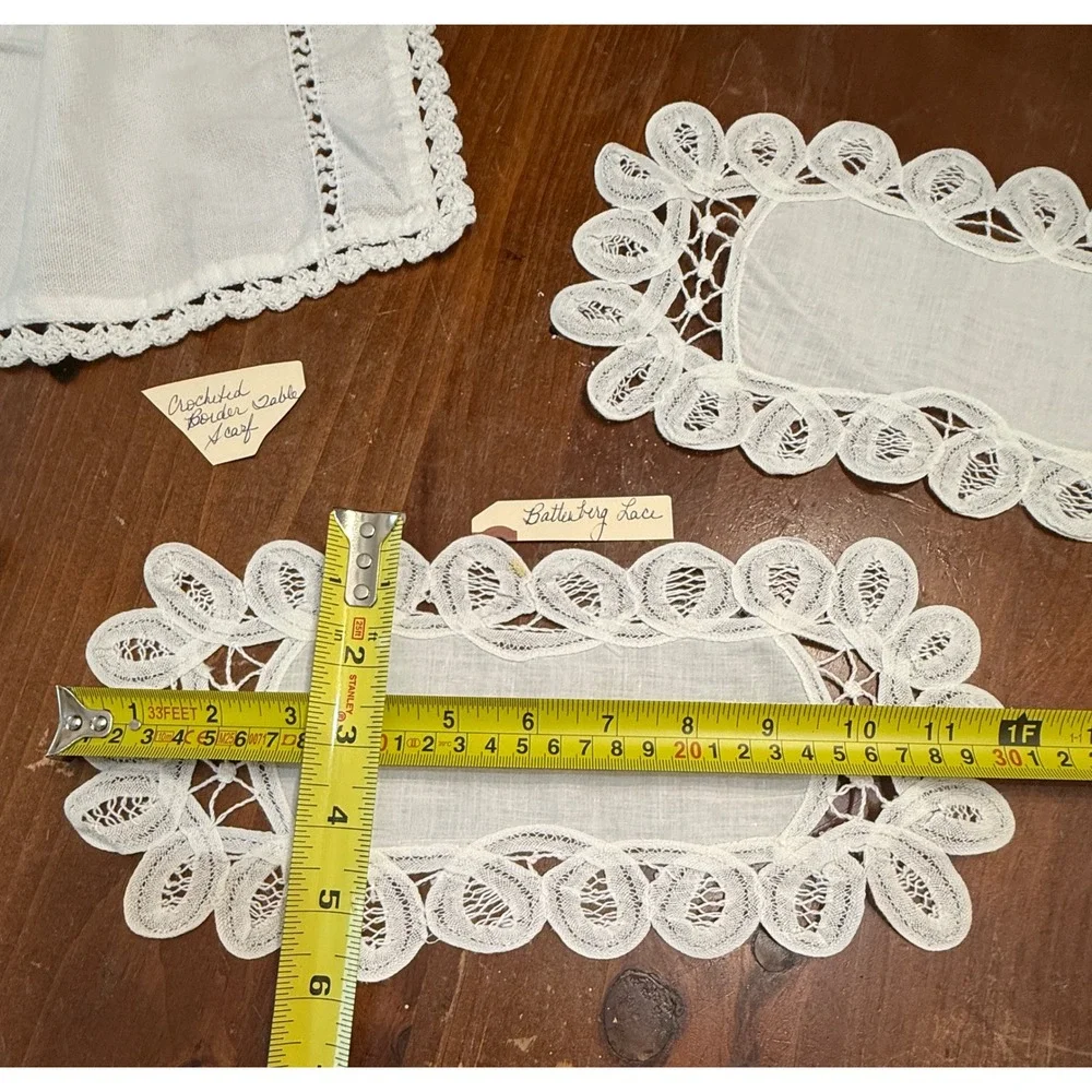 Vintage Battenberg Lace and Crocheted Linen Table Scarf Doily Set 4pc White